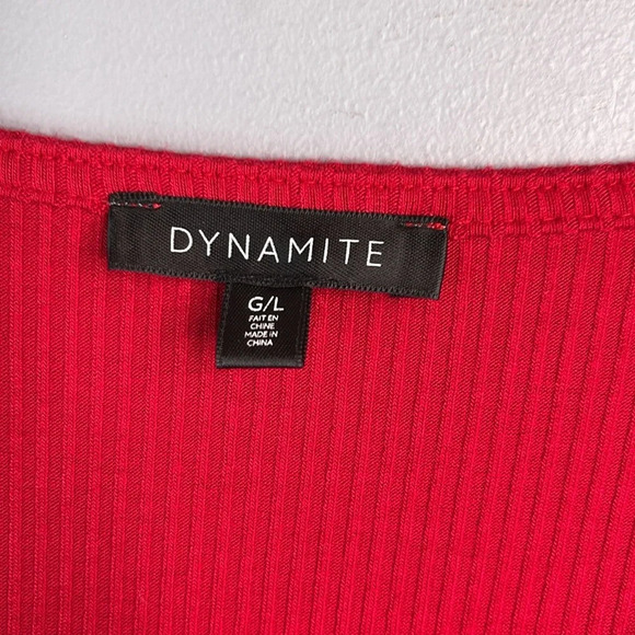 DYNAMITE Ribbed V-Neck T-Shirt Red Short Sleeve Rayon Stretch Size L - Picture 6 of 9